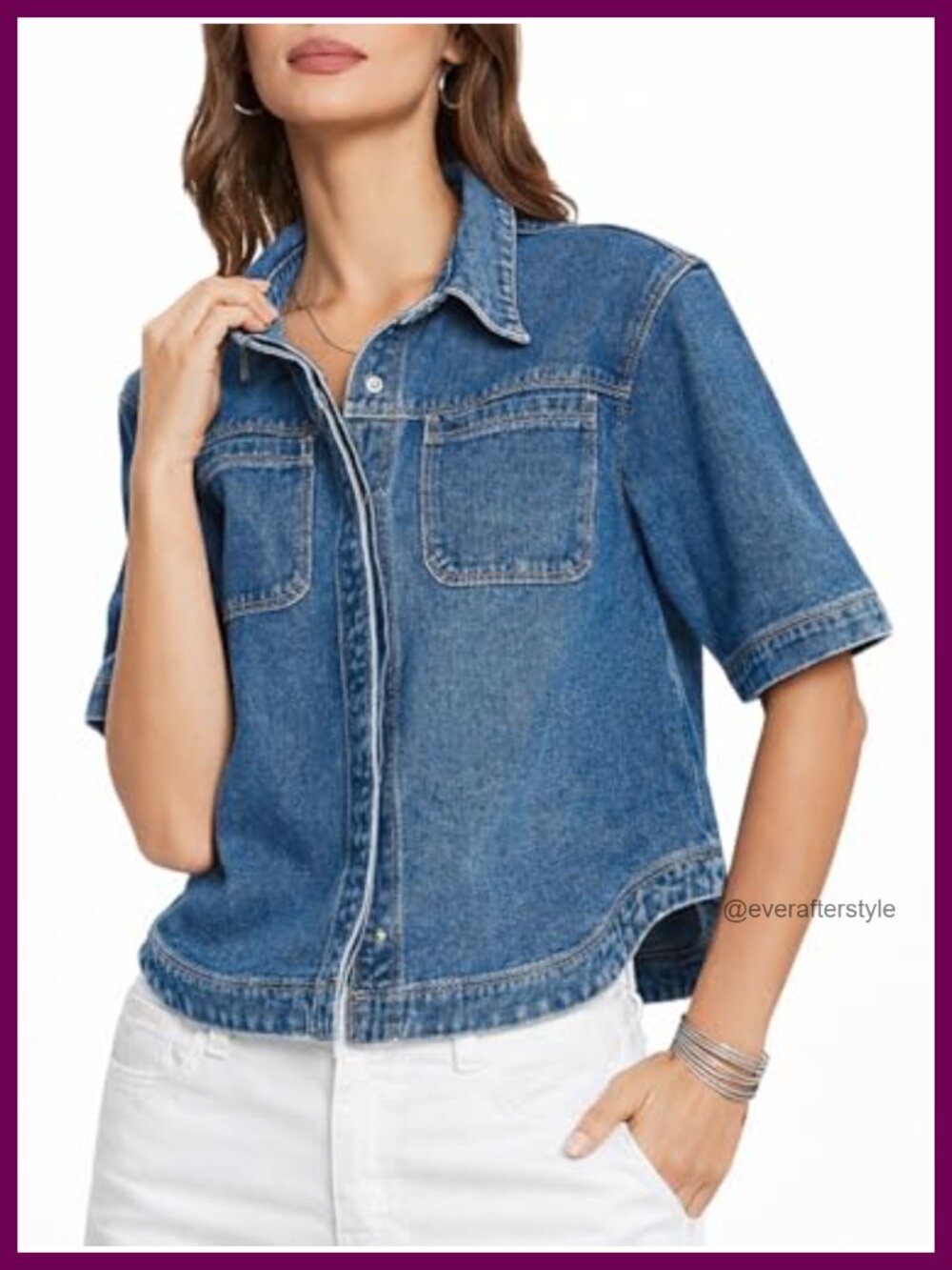 Women's Denim Button Down Short Sleeve Shirt Casual Jean Top Shacket